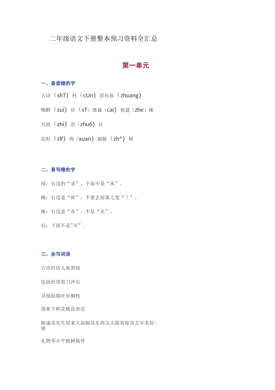 二年级语文下册整本预习资料全汇总_第1页