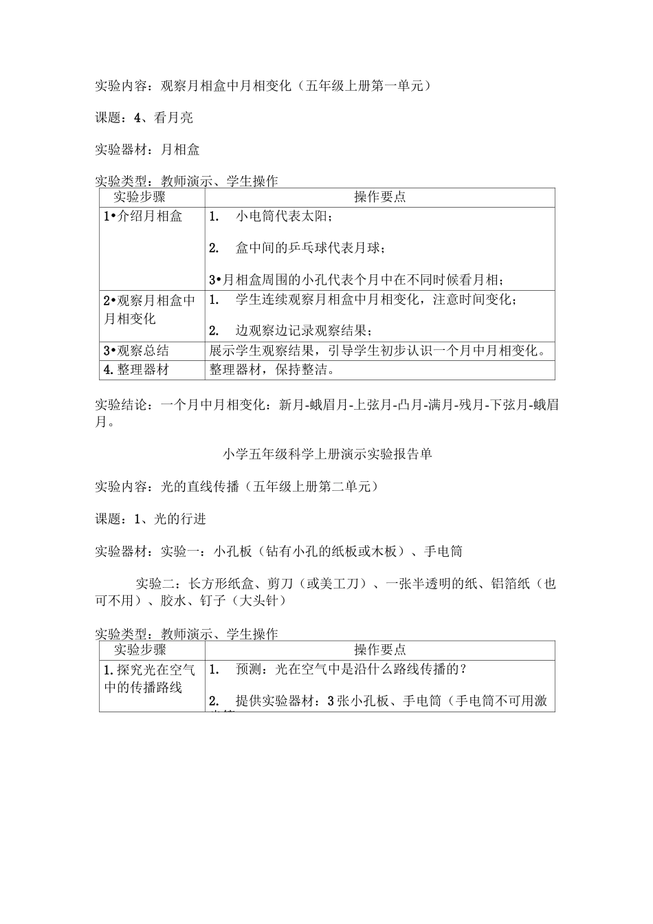 小学五年级科学上册演示实验报告单_第2页