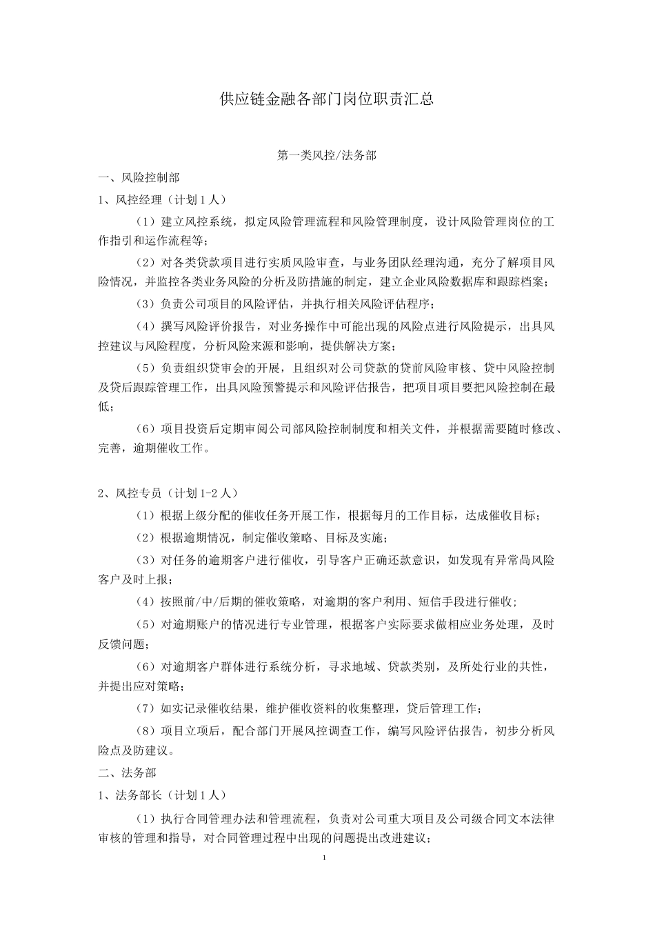 供应链金融各部门岗位职责说明_第1页
