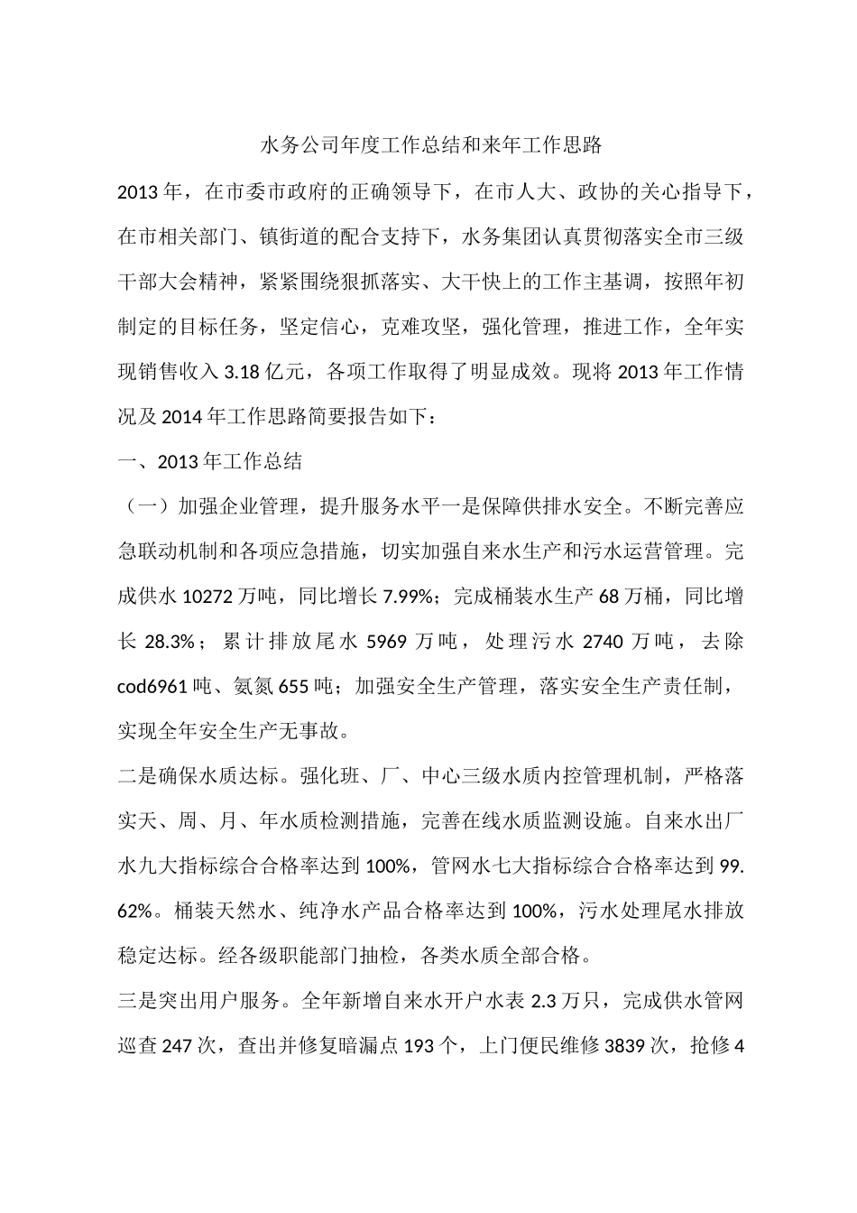 水务公司年度工作总结和来年工作思路_第1页