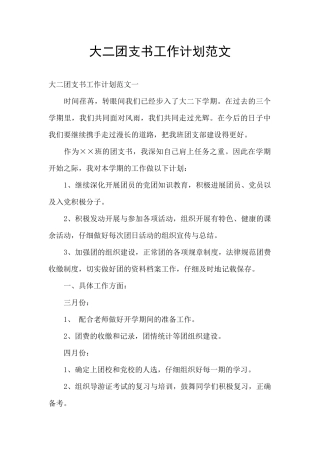 大二团支书工作计划范文