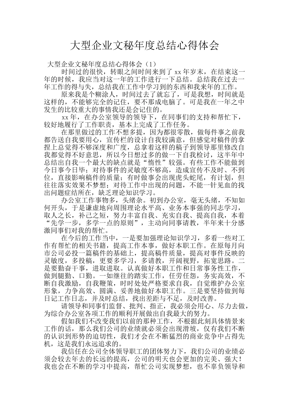 大型企业文秘年度总结心得体会_第1页