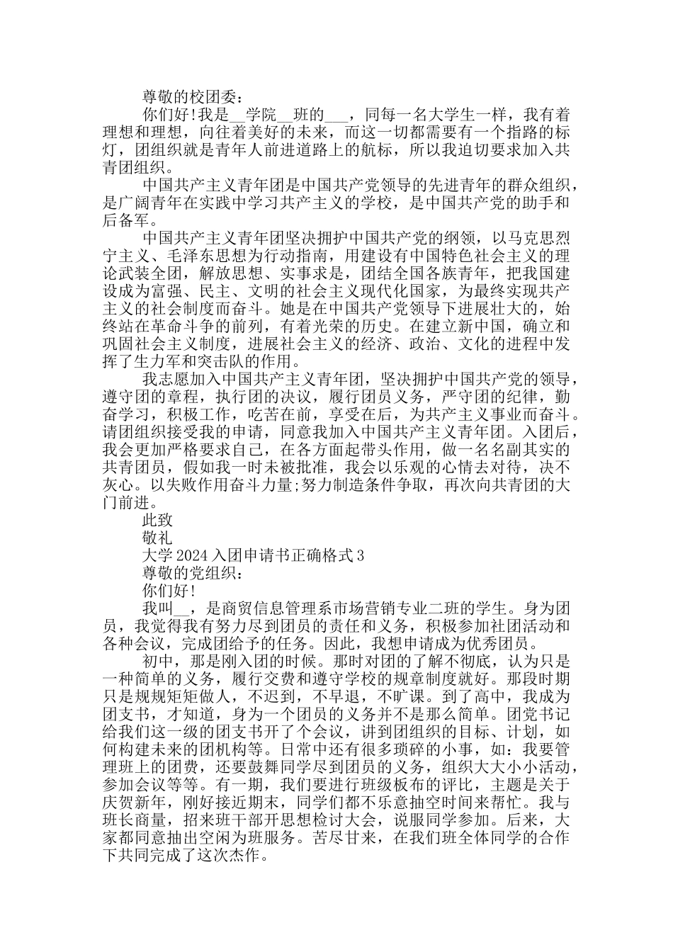 大学2024入团申请书正确格式_第2页