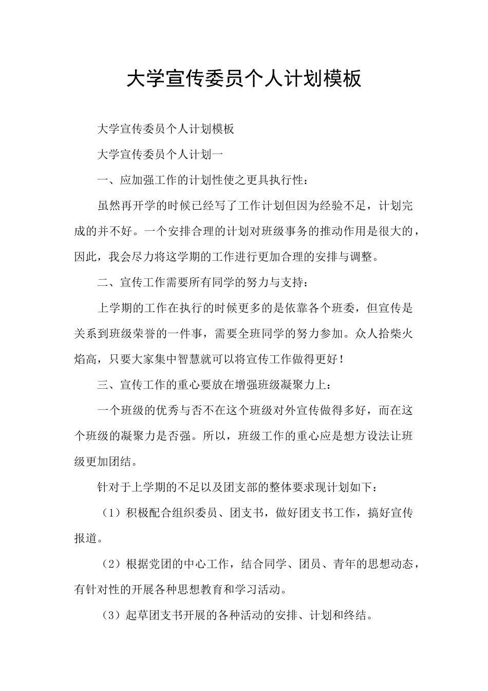 大学宣传委员个人计划模板_第1页