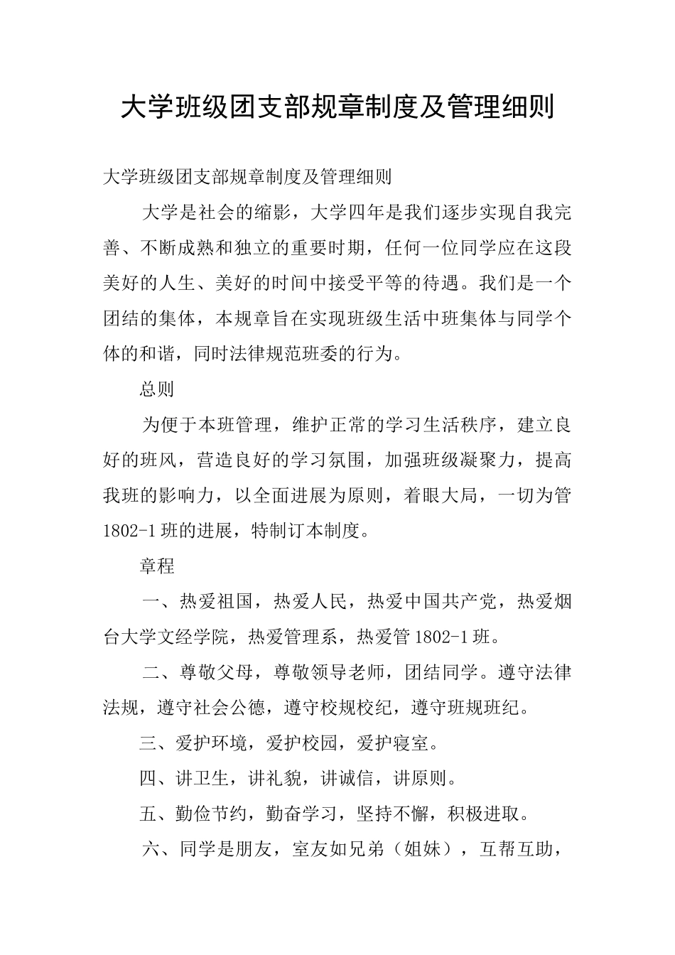 大学班级团支部规章制度及管理细则_第1页