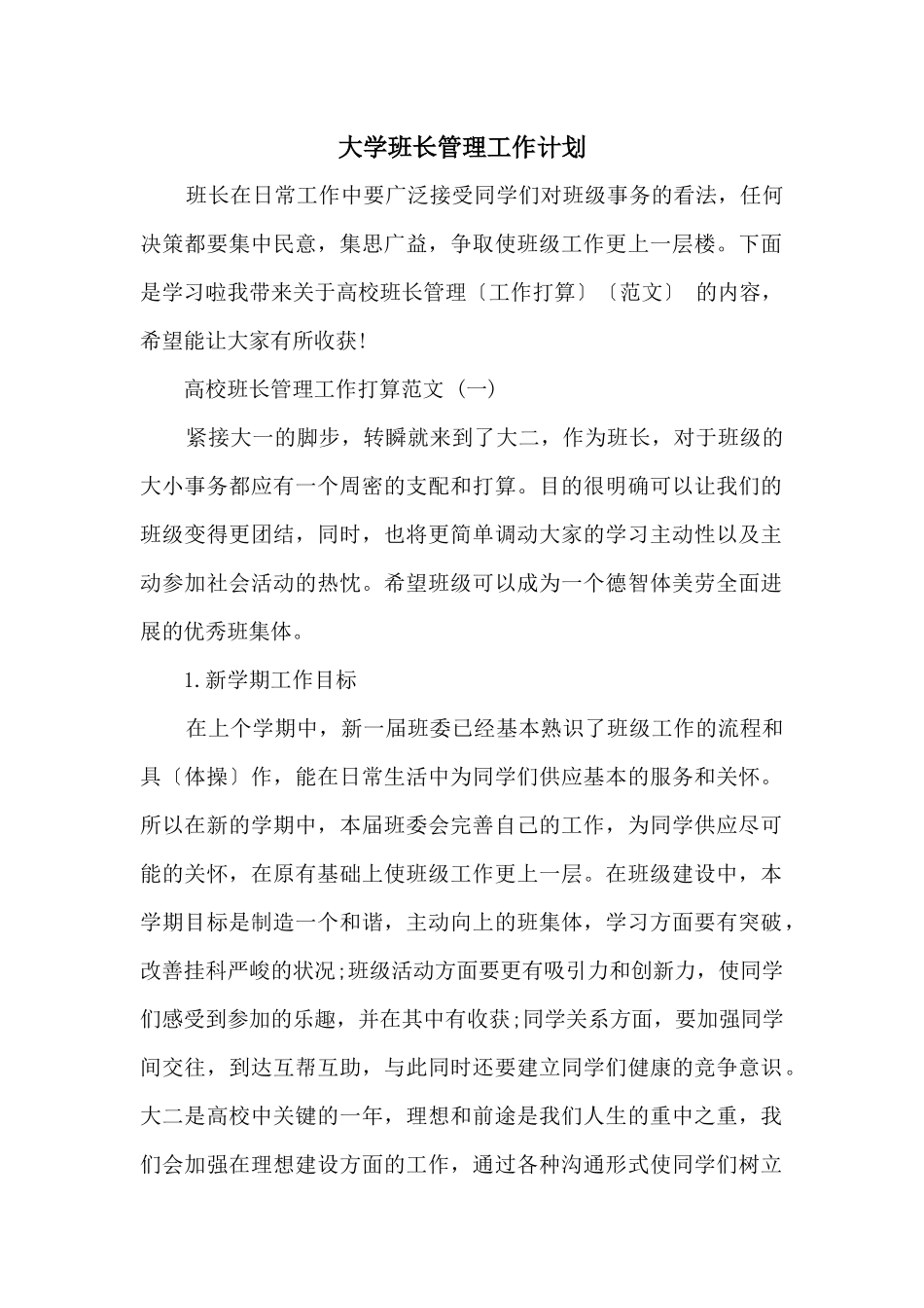 大学班长管理工作计划_第1页