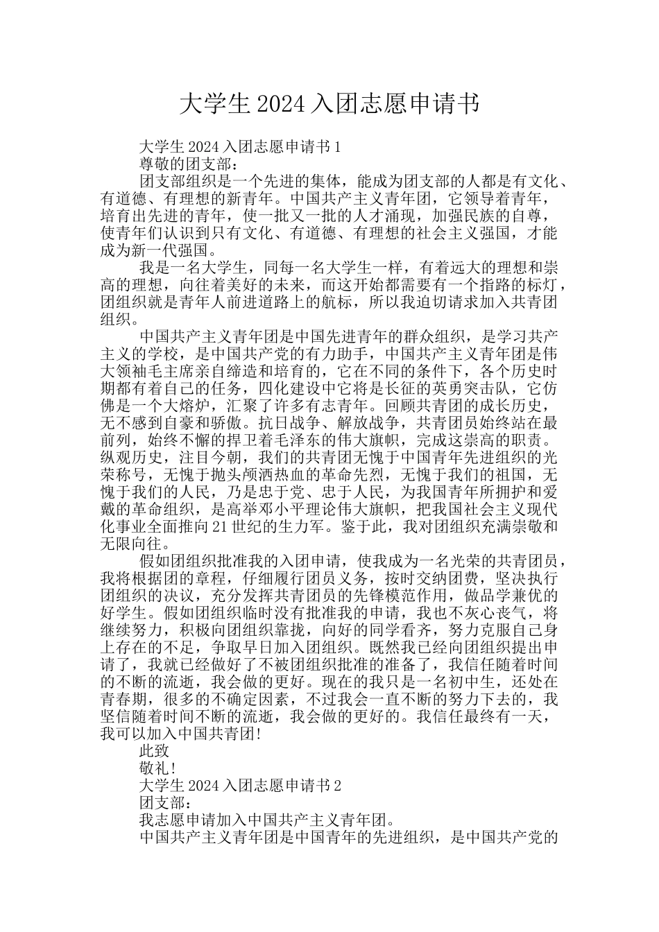 大学生2024入团志愿申请书_第1页