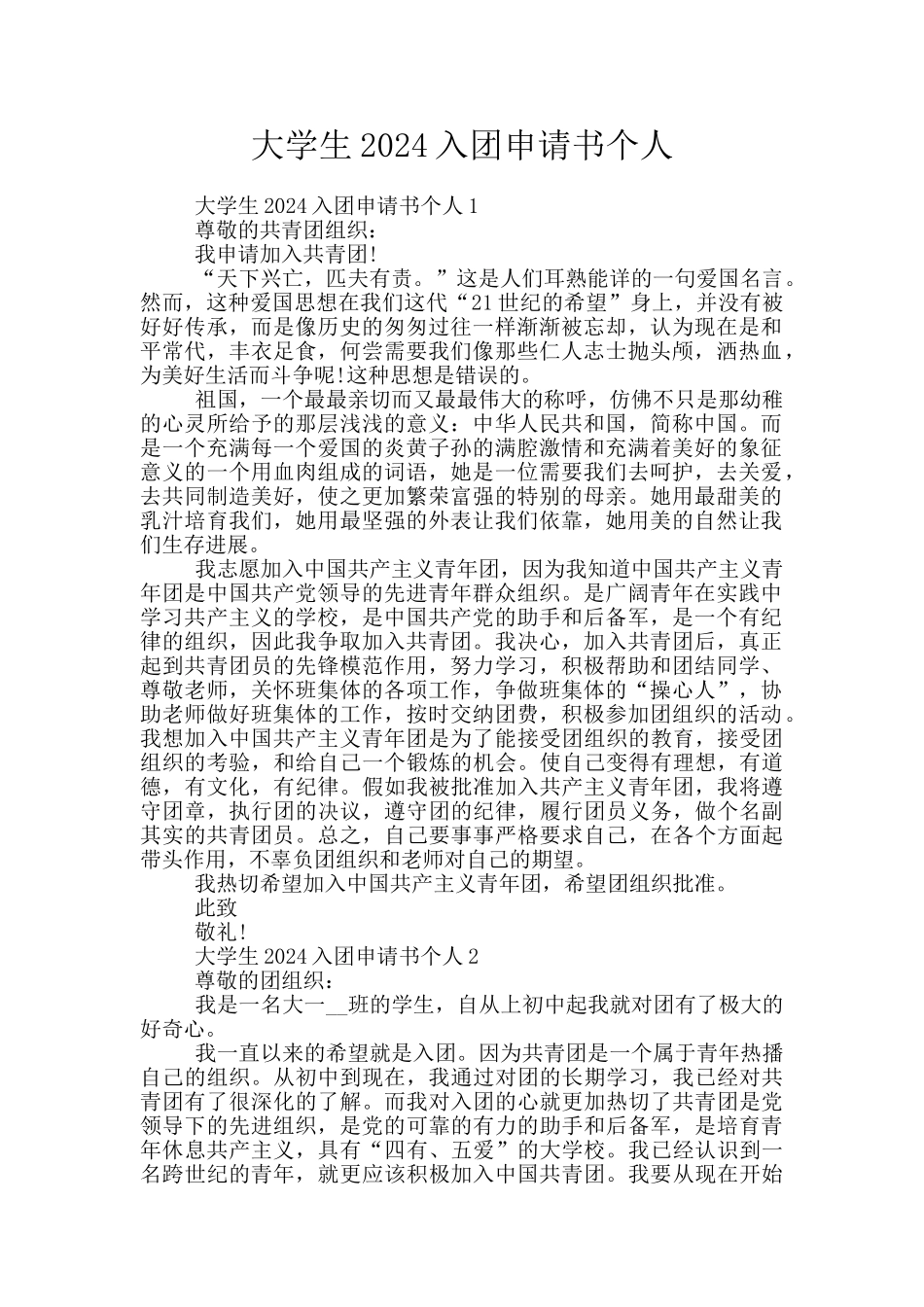 大学生2024入团申请书个人_第1页