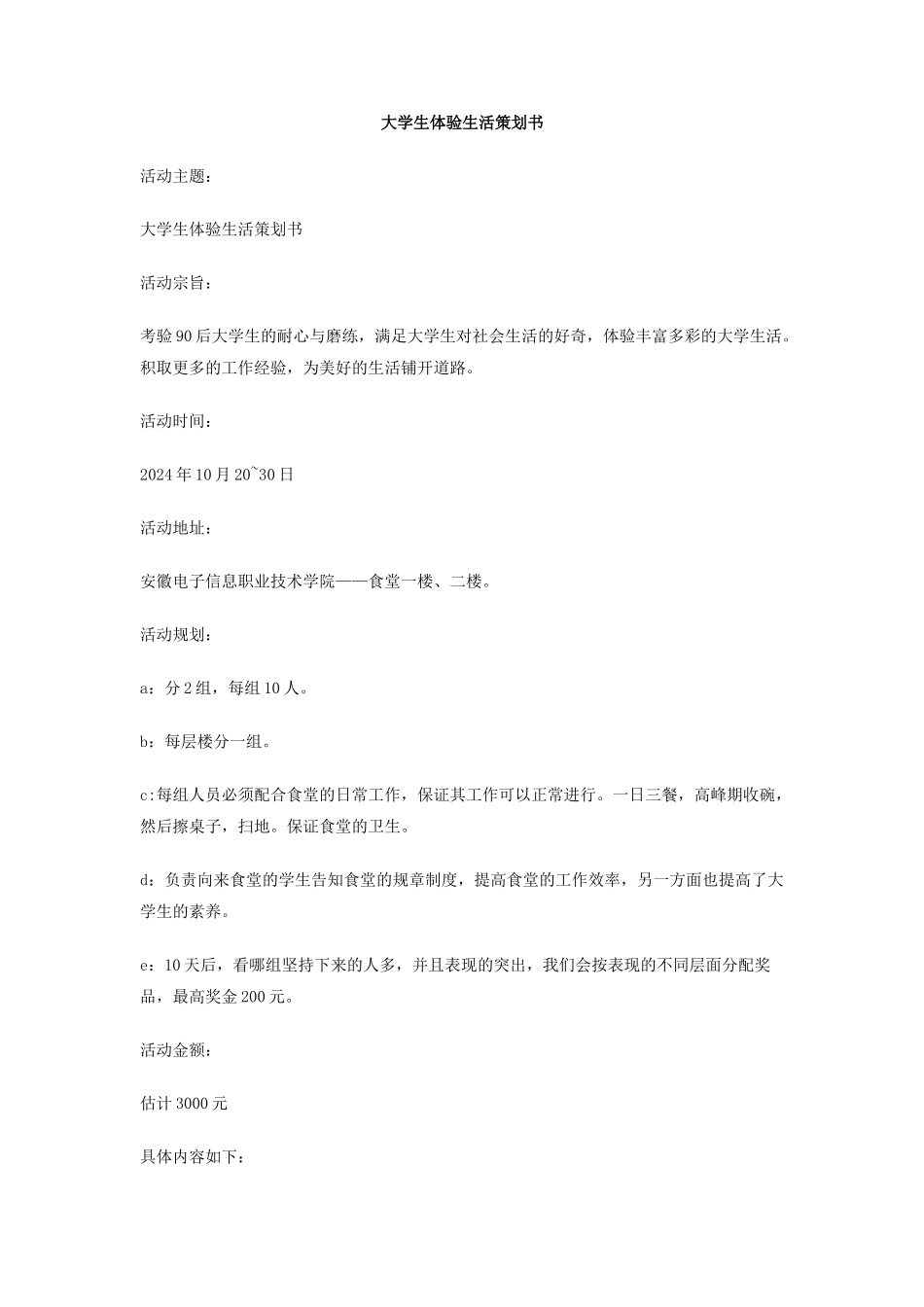 大学生体验生活策划书_第1页