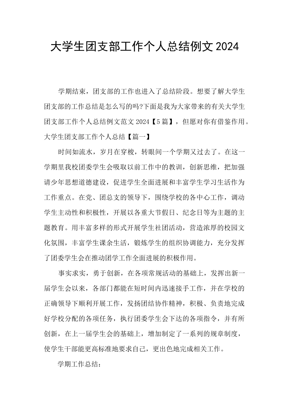 大学生团支部工作个人总结例文2024_第1页