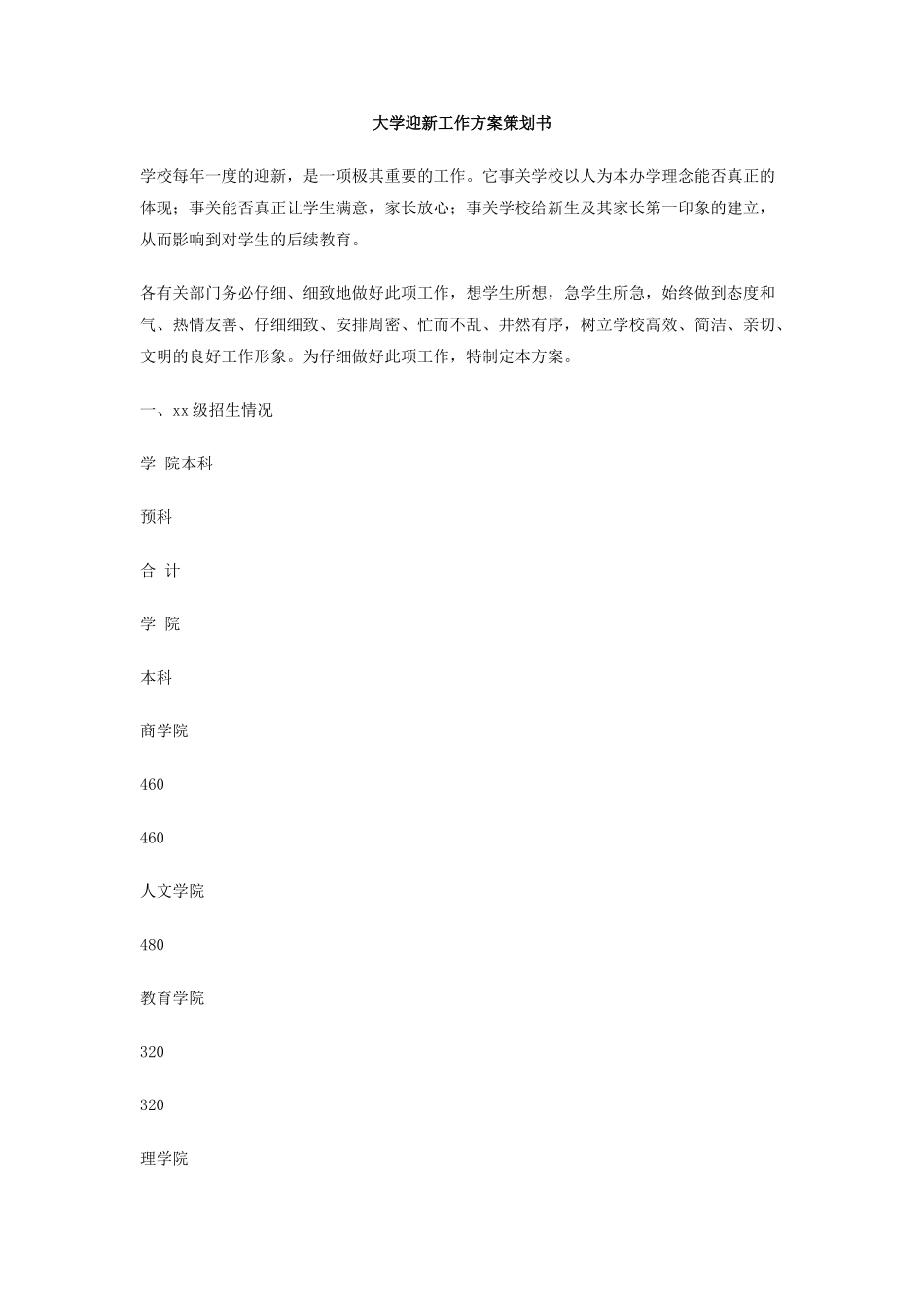 大学迎新工作方案策划书_第1页