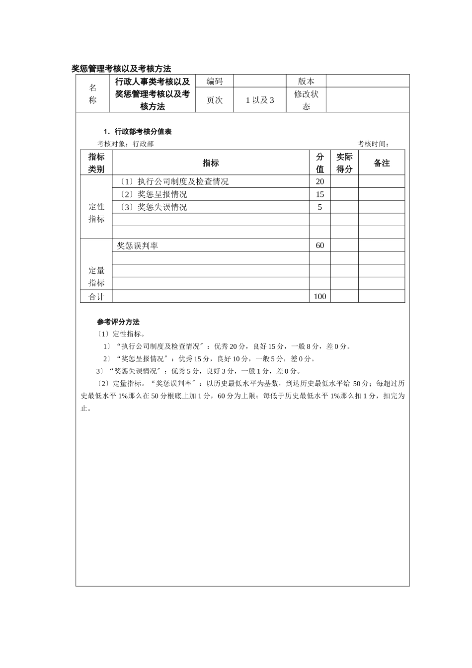 奖惩管理考核以及考核方法_第1页