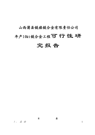 山西蒲县镁旗镁合金厂年产10kt镁合金工程可行性研究报告