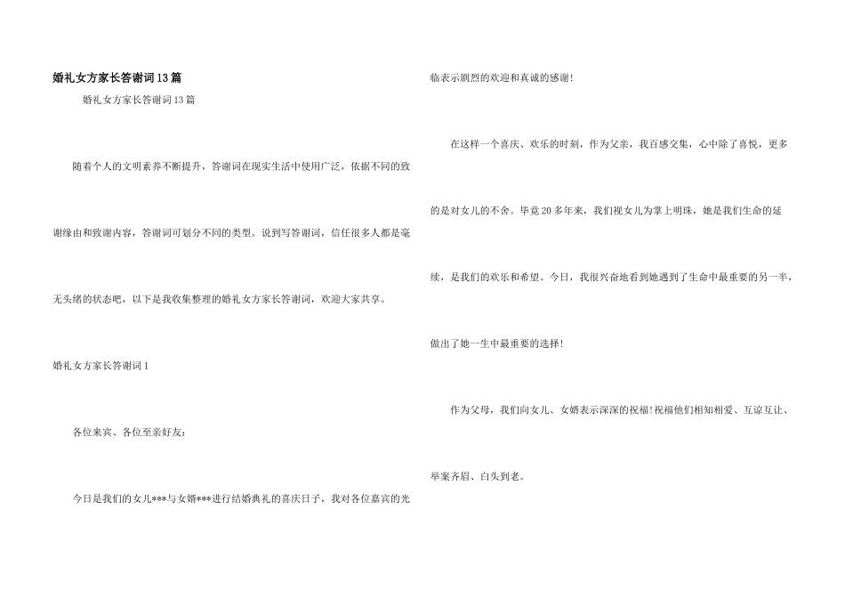 婚礼女方家长答谢词13篇_第1页