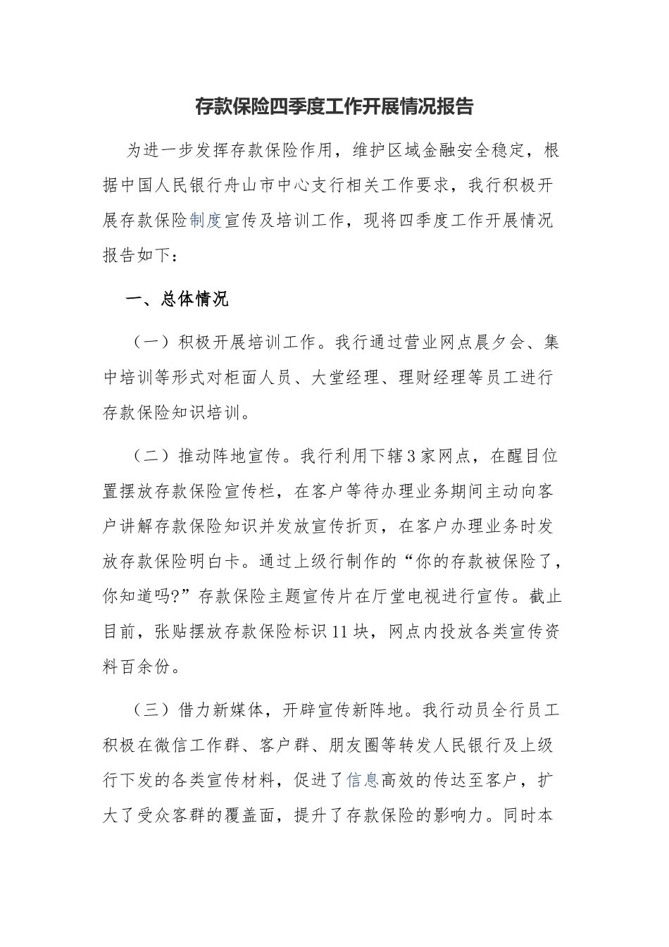 存款保险四季度工作开展情况报告_第1页