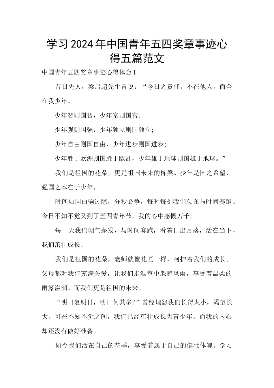 学习2024年中国青年五四奖章事迹心得五篇范文_第1页