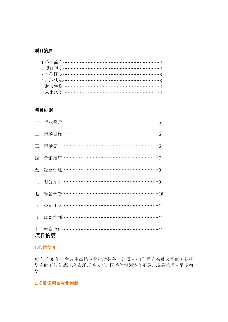 上海山子体育用品有限公司商业项目融资计划书 _第1页