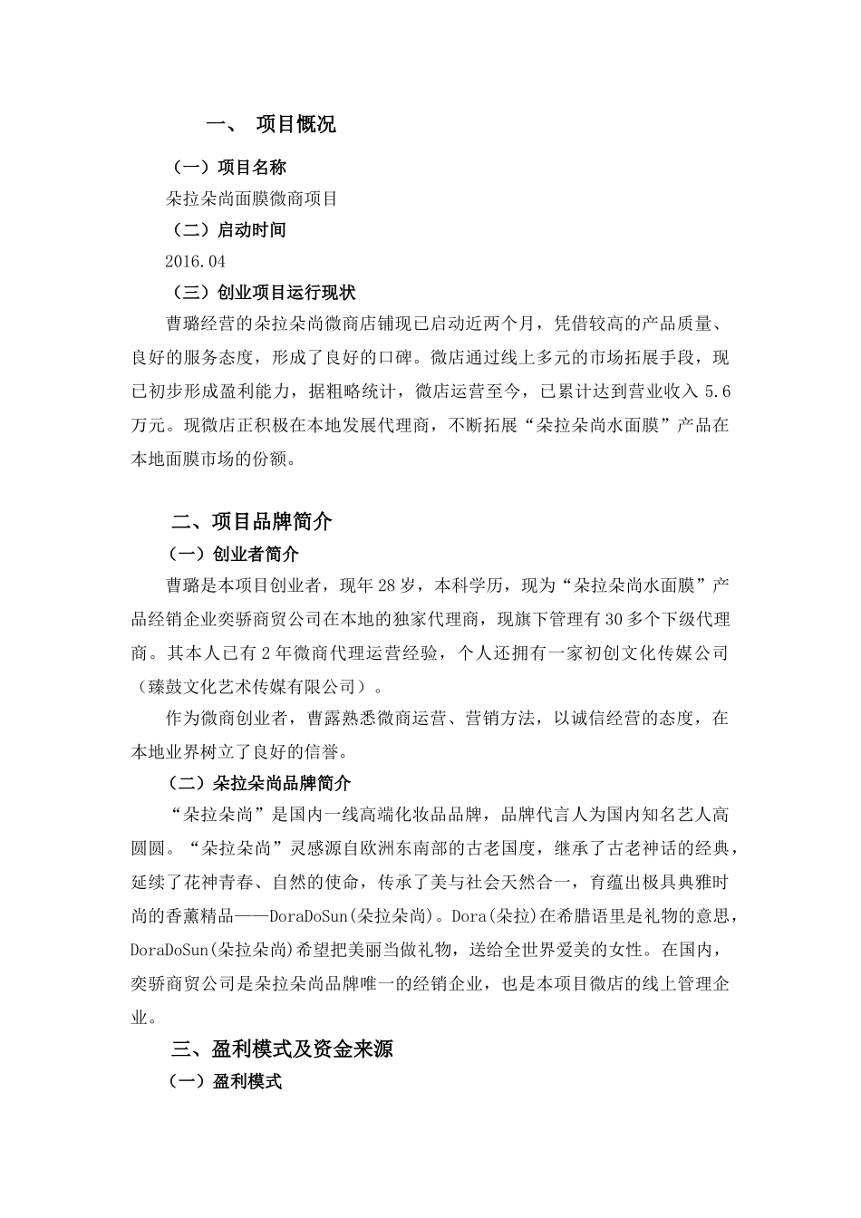 世纪创想版权所有朵拉朵尚面膜微商项目计划书_第1页