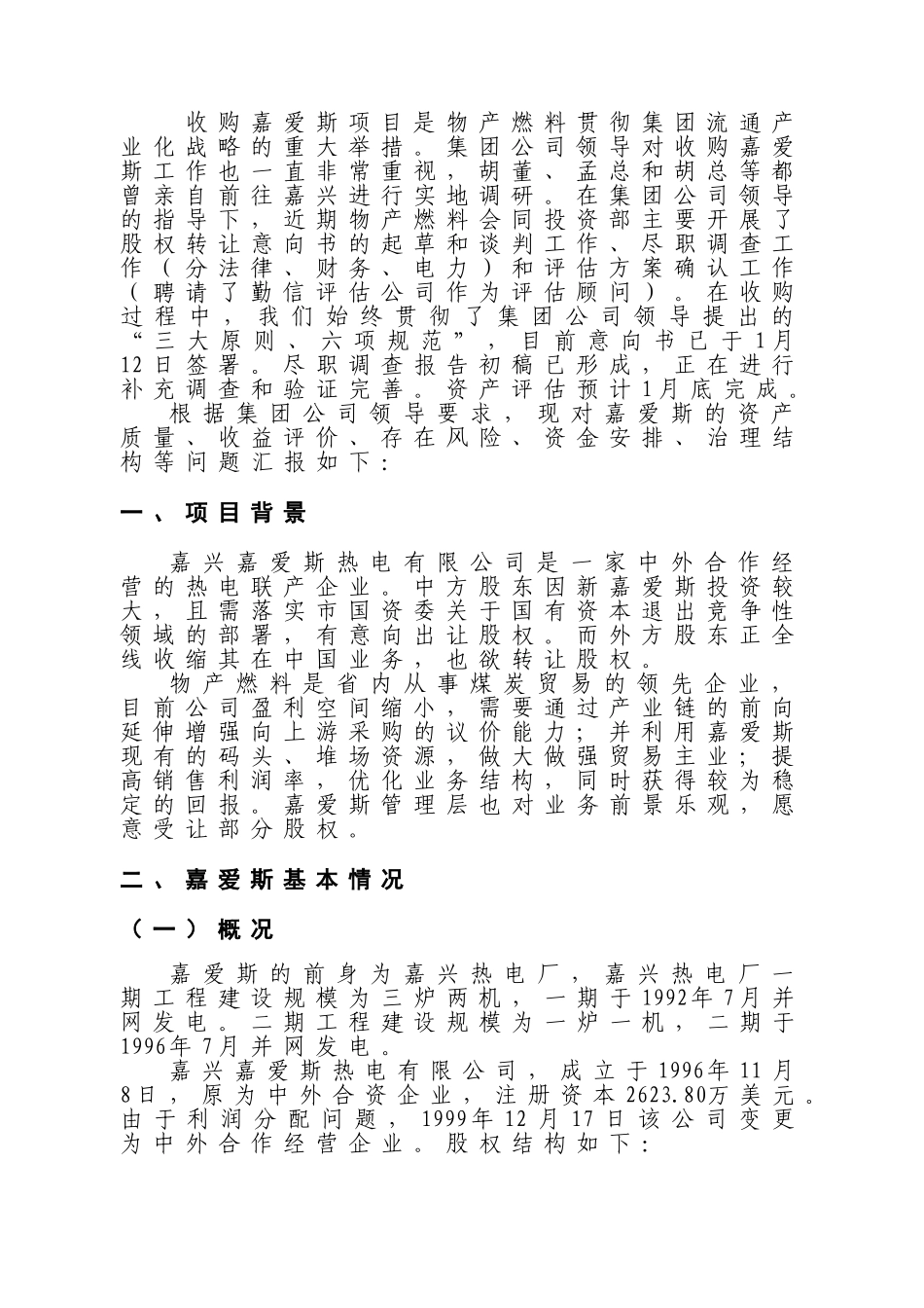 收购嘉兴嘉爱斯热电有限公司初步可行性分析报告_第1页