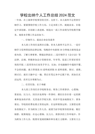 学校出纳个人工作总结2024范文