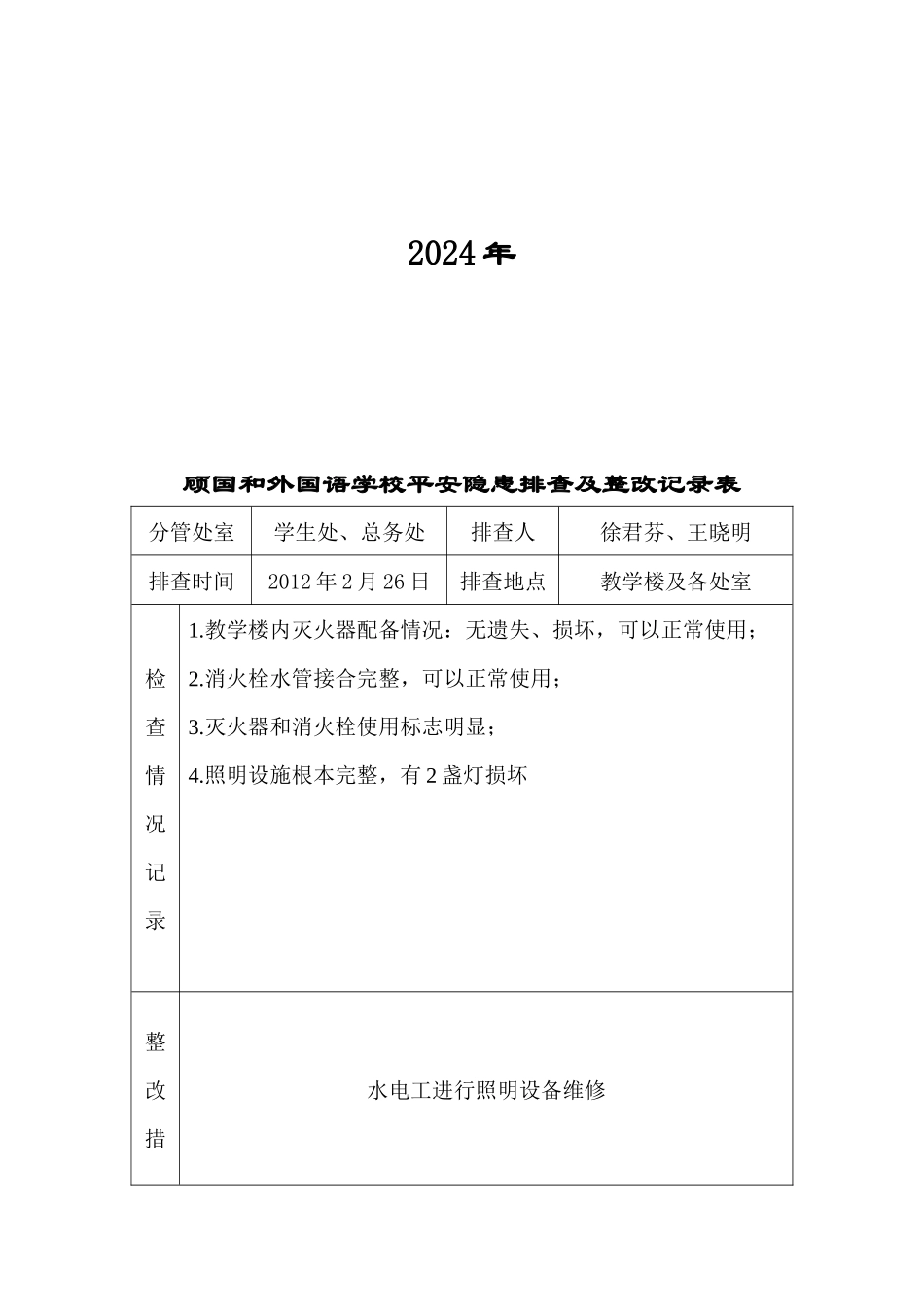 学校安全隐患排查及整改记录表_第2页