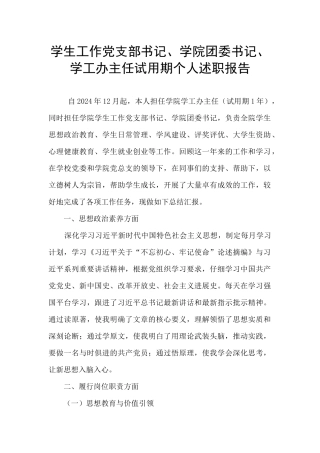 学生工作党支部书记、学院团委书记、学工办主任试用期个人述职报告