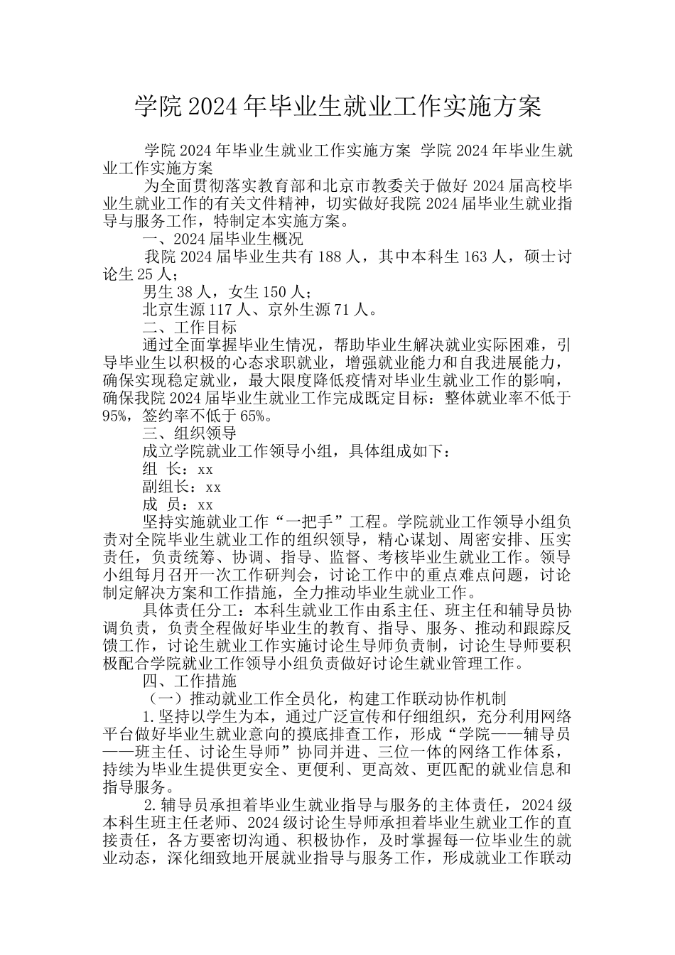 学院2024年毕业生就业工作实施方案_第1页