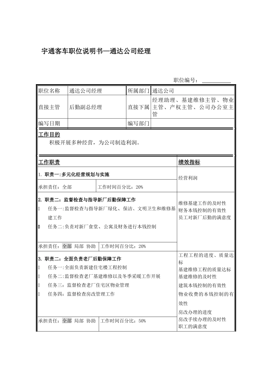 宇通客车职位说明书—通达公司经理_第1页