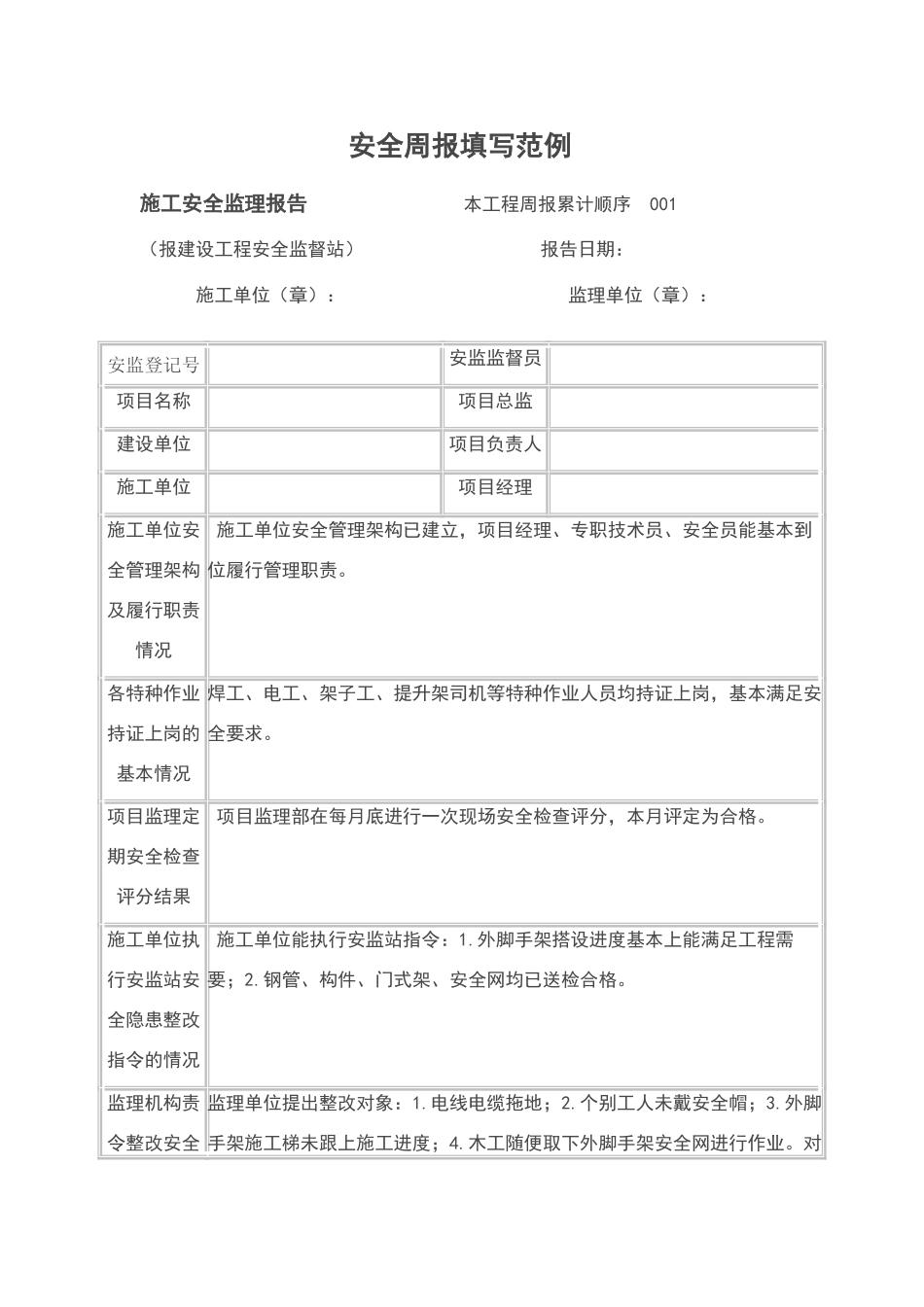 安全周报填写范例_第1页