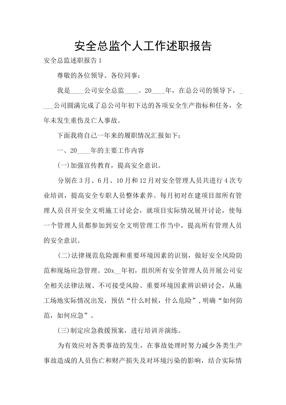 安全总监个人工作述职报告_第1页