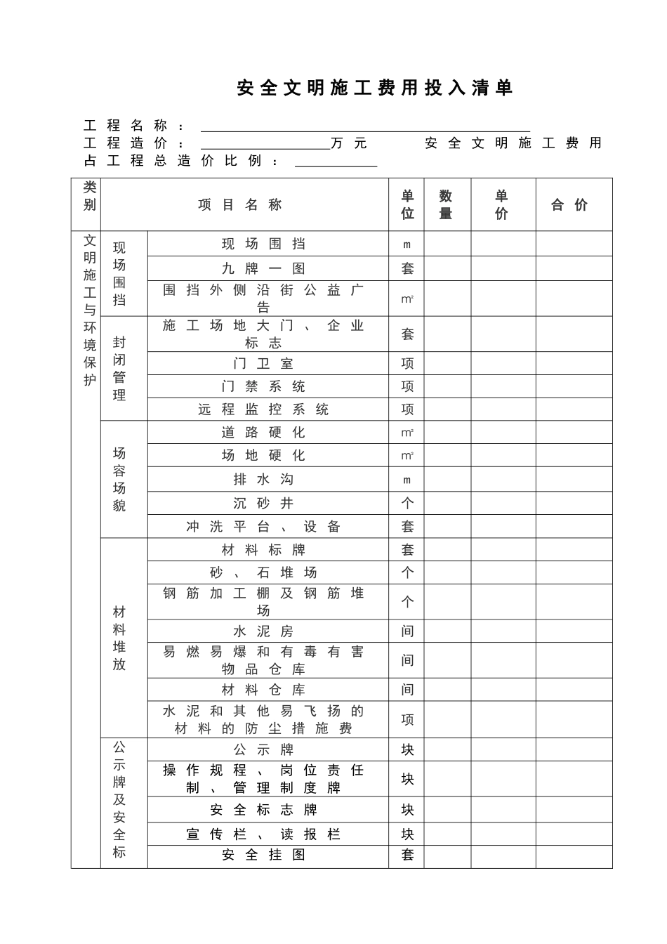 安全文明施工费用投入清单_第1页