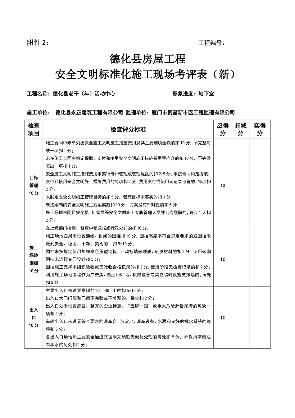 安全文明标准化施工现场考评表_第1页
