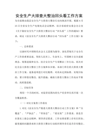 安全生产大排查大整治回头看工作方案