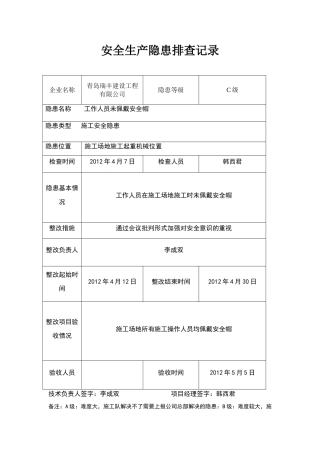 安全生产隐患排查记录