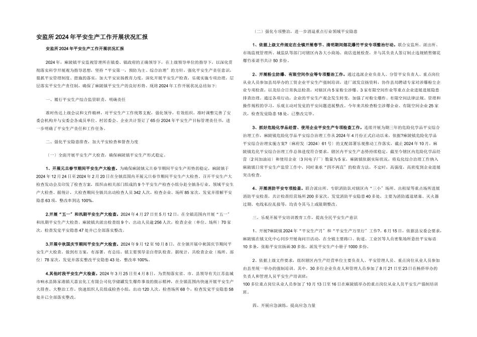 安监所2024年安全生产工作开展情况汇报_第1页