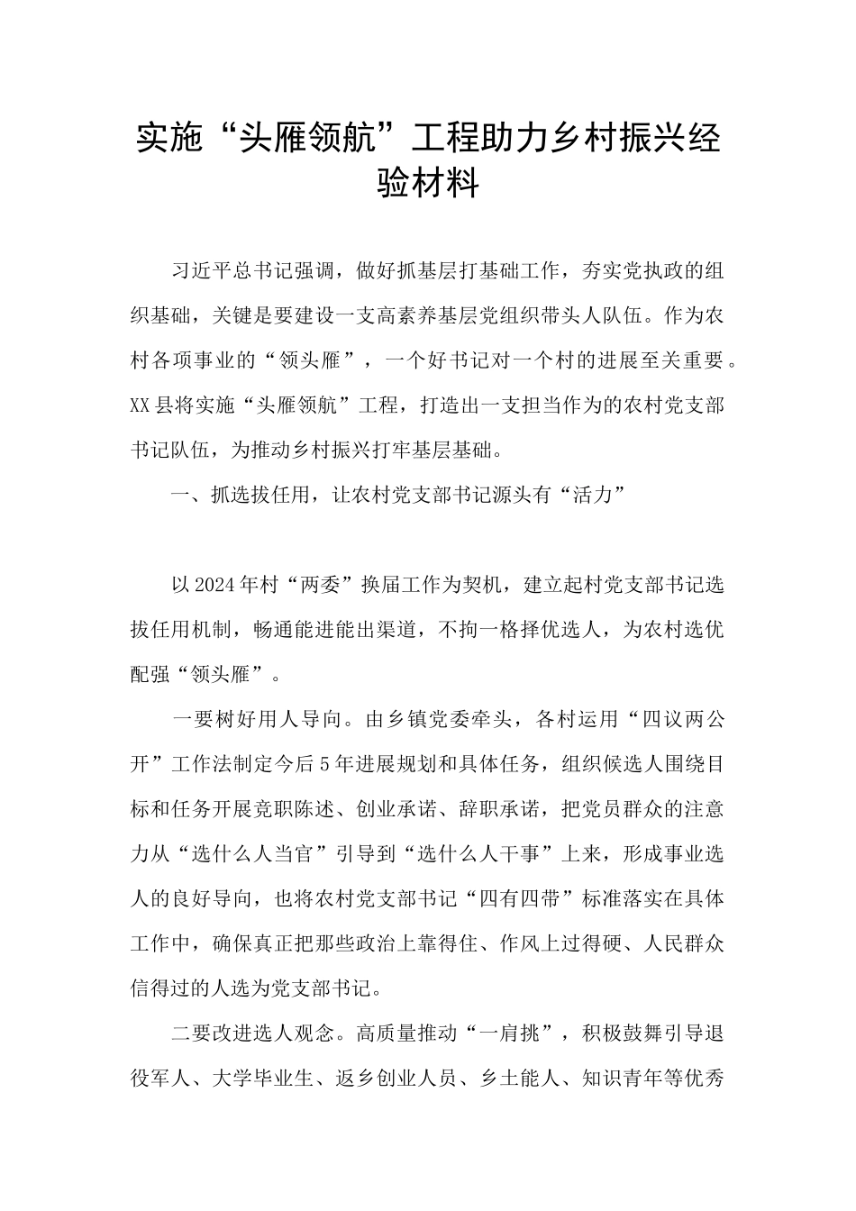 实施“头雁领航”工程助力乡村振兴经验材料_第1页