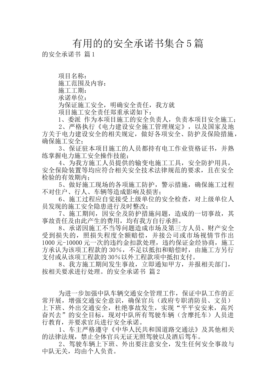 实用的的安全承诺书集合5篇_第1页
