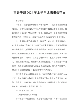 审计干部2024年上半年述职报告范文