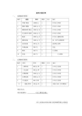 宣传片报价单