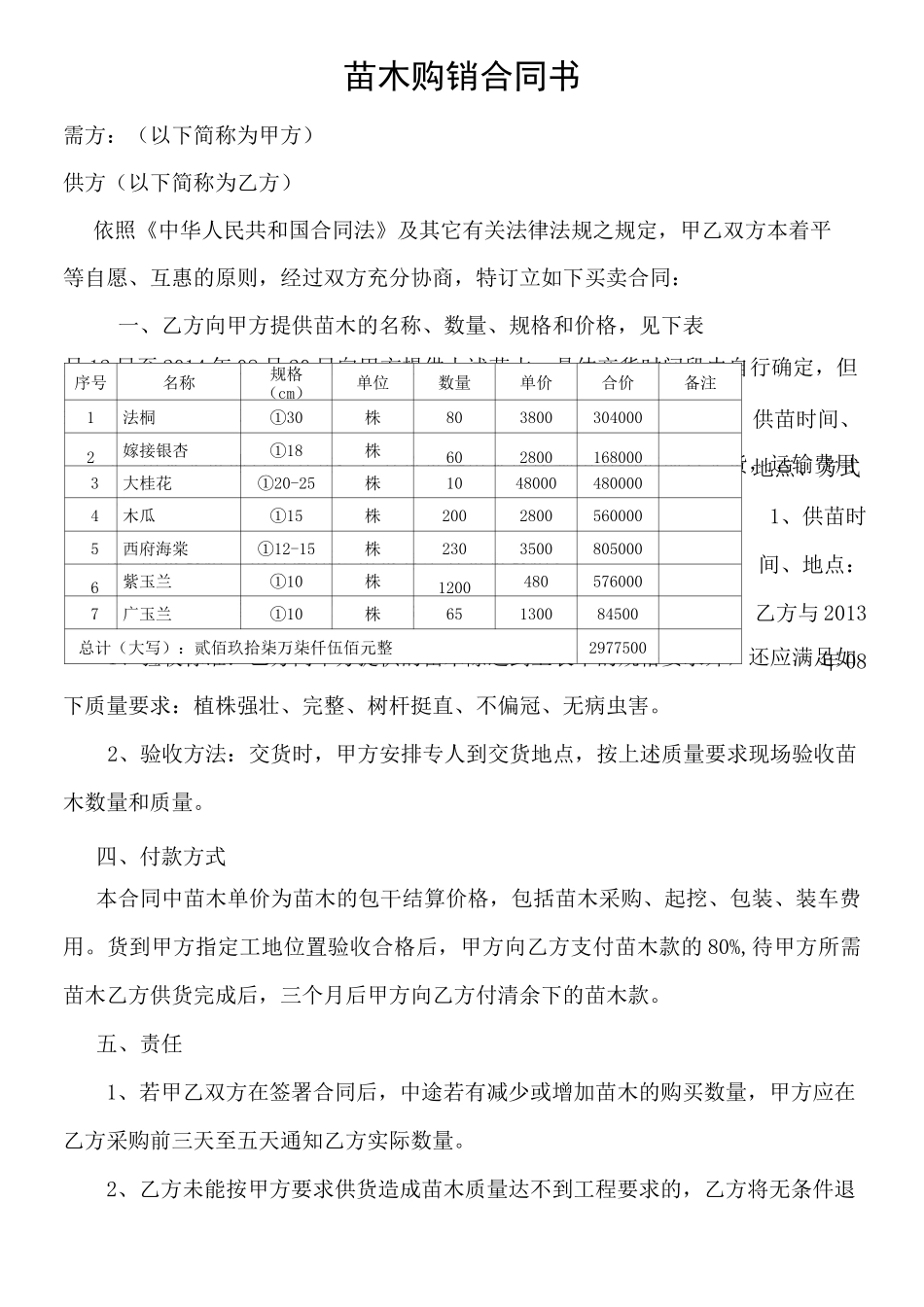 绿化苗木购销合同书_第1页