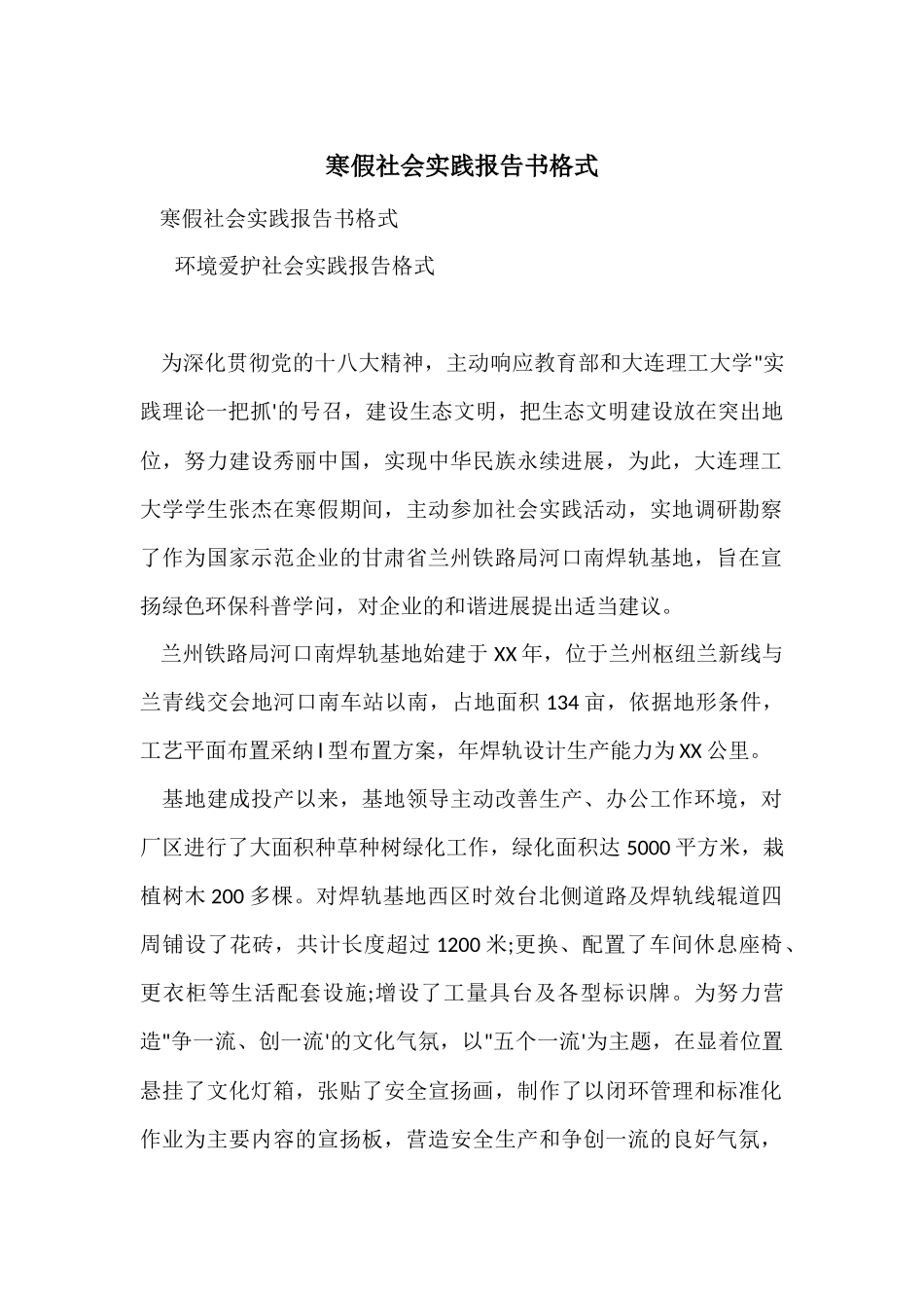 寒假社会实践报告书格式_第1页