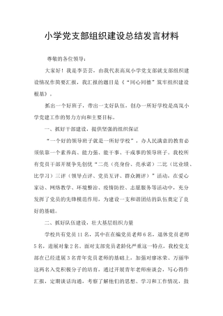 小学党支部组织建设总结发言材料