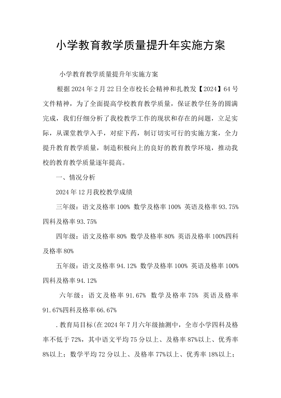 小学教育教学质量提升年实施方案_第1页