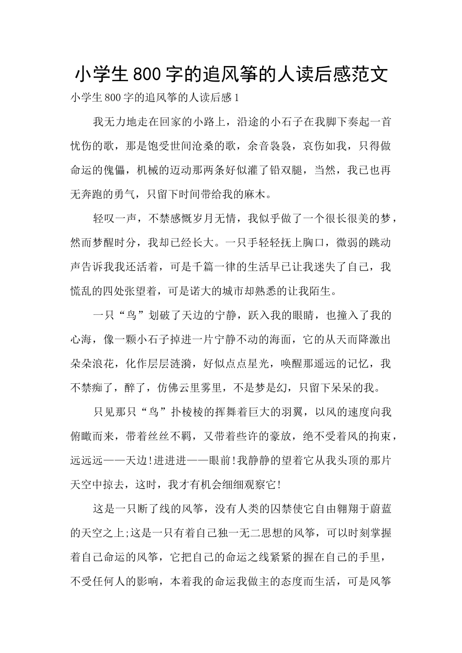 小学生800字的追风筝的人读后感范文_第1页