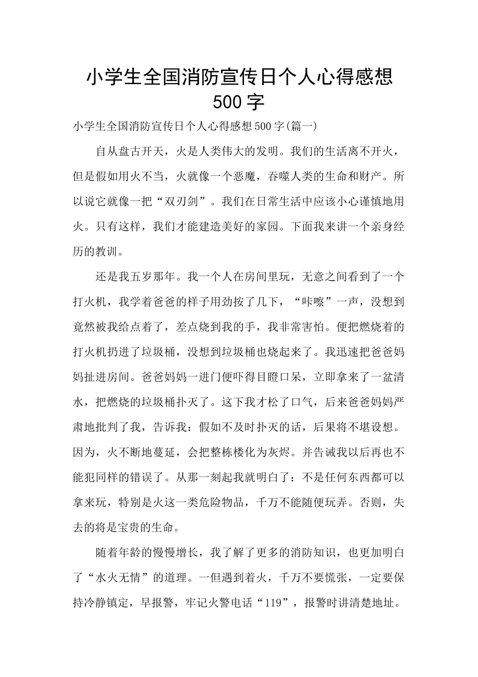 小学生全国消防宣传日个人心得感想500字_第1页