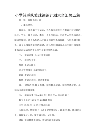 小学篮球队篮球训练计划大全汇总五篇