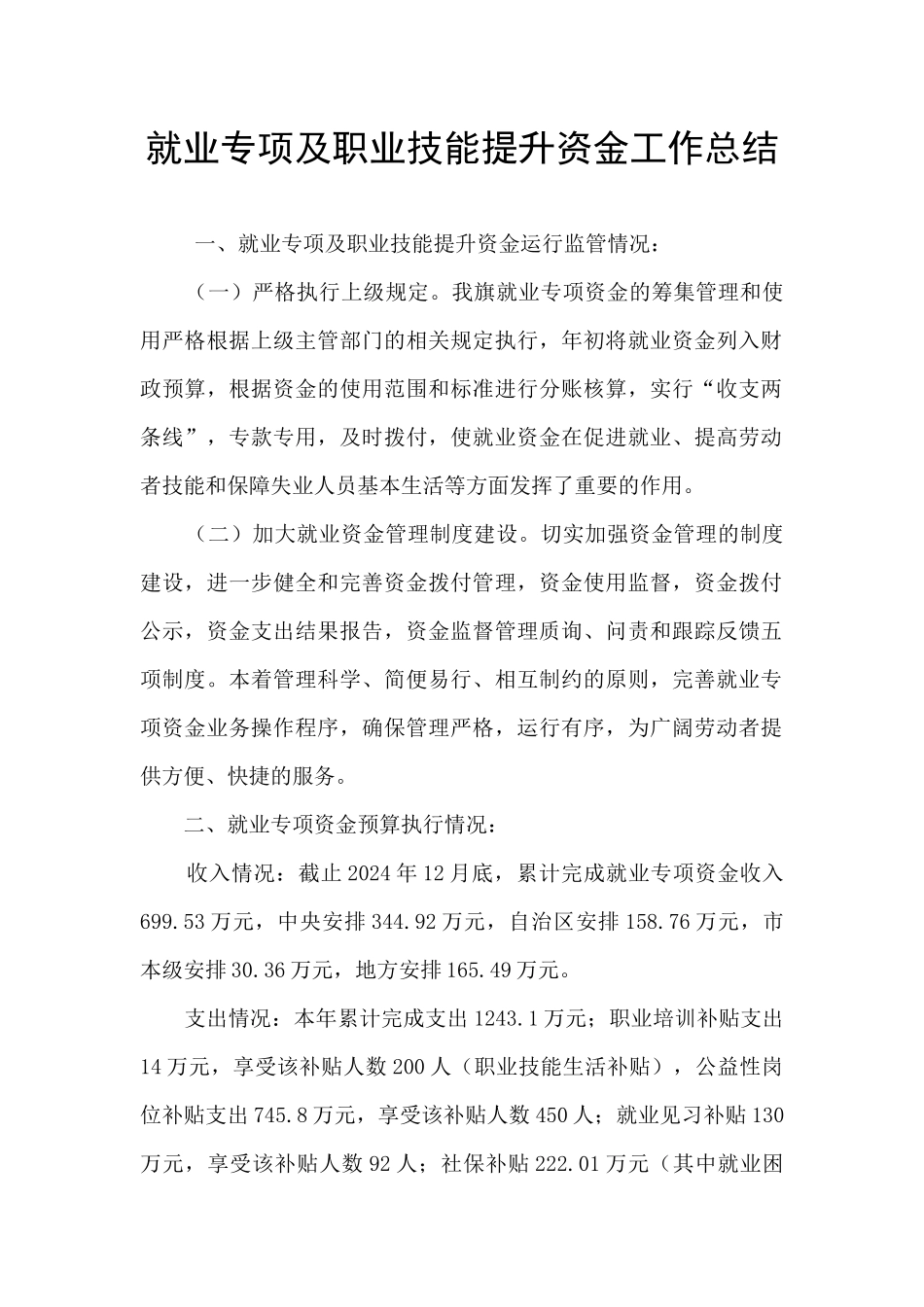 就业专项及职业技能提升资金工作总结_第1页
