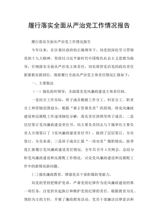履行落实全面从严治党工作情况报告