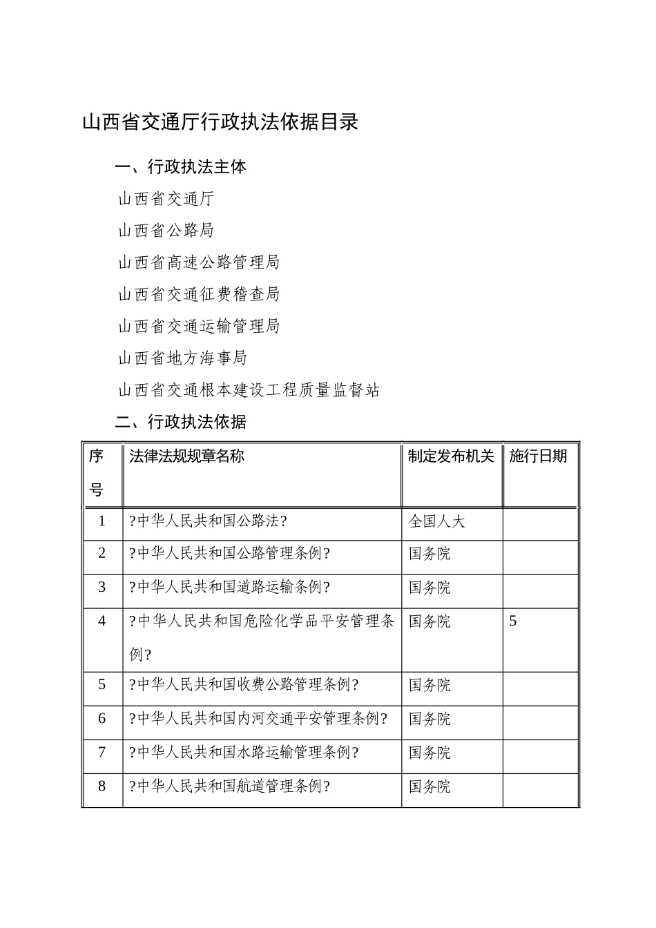 山西省交通厅行政执法依据目录_第1页