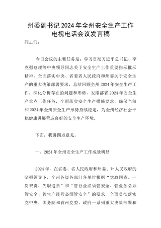 州委副书记2024年全州安全生产工作电视电话会议发言稿
